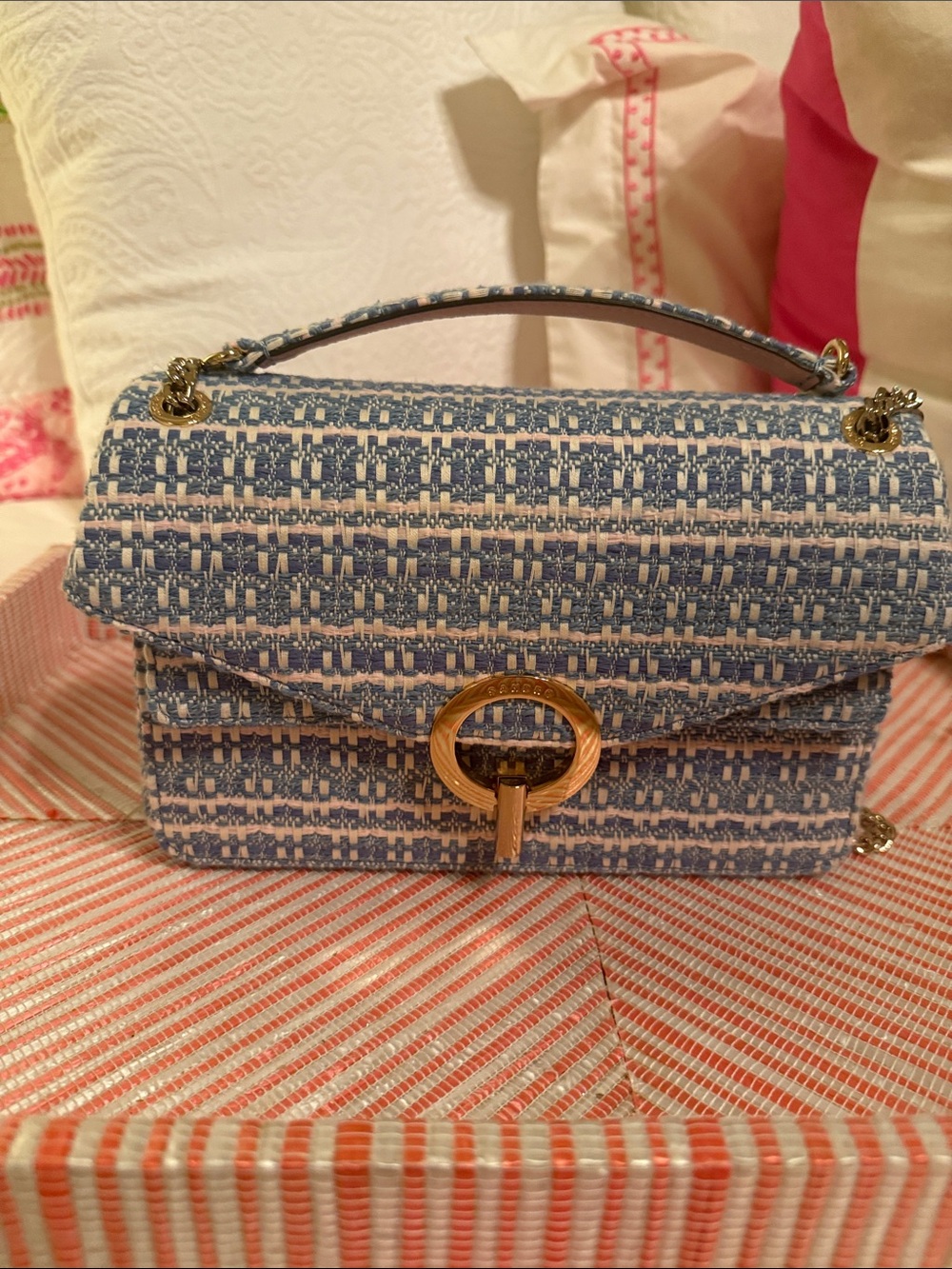 Sandro Yza Blue & White tweed flap bag  blue with pink